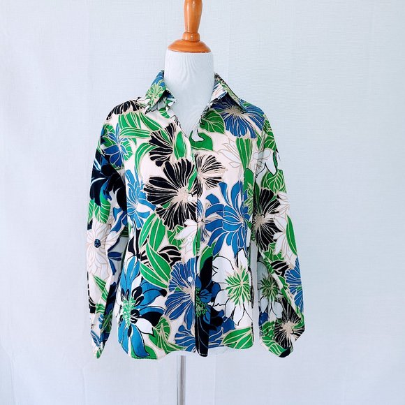 Zara Floral Blue/Green/Black/White Multicolor Cotton Button Down Shirt - Small - Picture 1 of 7